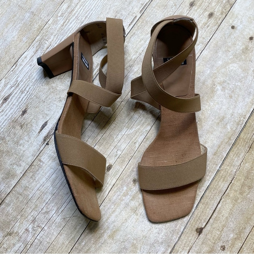 Stuart Weitzman Tan Suede Block Heel Strap Square Toe Sandal